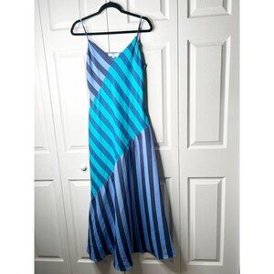 Saunders Collective Blue Striped V-Neck Sleeveless Slip Maxi Dress Women Size 8